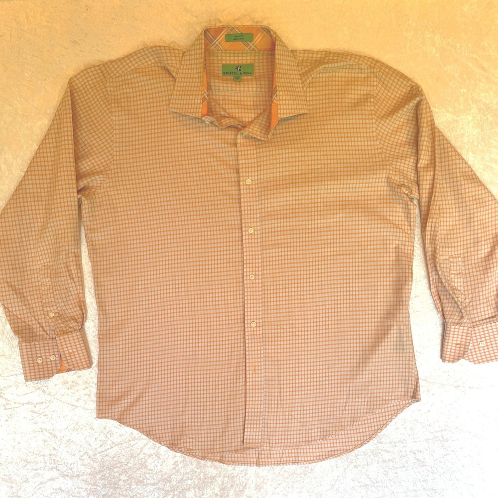 Bristol & Bull Button Down Mens XL Orange White Gingham Excellent Cotton Shirt